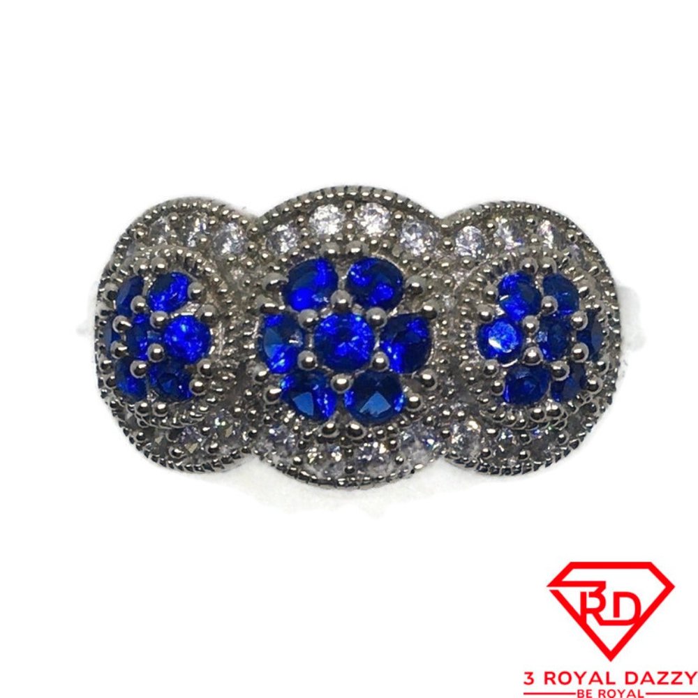 Triple Blue round CZ White gold on silver Ring S7